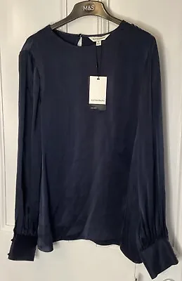 Marks And Spencer Autograph Pure Silk Long Blouse Top Size 14 Navy Bnwt • £40