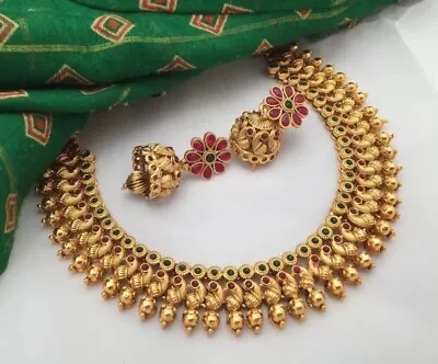 22k Gold Plated South Indian Choker Necklace Bollywood Ethnic Temple Jewelry Set • £24.38