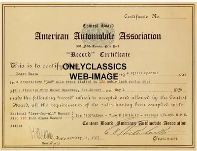 1926 Auto Racing Aaa Certificate Poster Indy 500 Racer Harry Hartz Atlantic City • $13.17