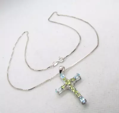 Estate Sterling Silver Necklace Genuine Multi Gemstone Cross Pendant 925 STS • $31