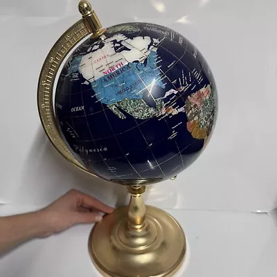 Large 17” Vintage Handcrafted Mineral Inlaid World Globe Semiprecious Gems Brass • $295