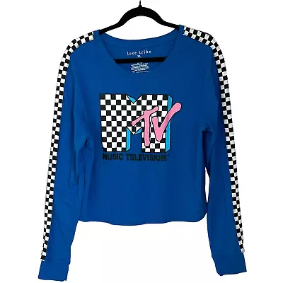 Love Tribe Womens Juniors Blue Cropped Top Size XL Long Sleeves MTV Graphic Tee8 • £9.81