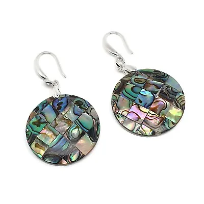Rainbow Paua Round Earrings Natural Abalone Shell Dangle Drop Sterling Silver • £13.98