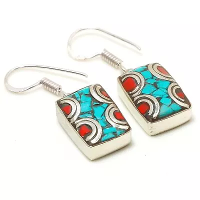 Turquoise Red Coral Handmade Ethnic Drop/Dangle Earrings Nepalese 1.40  SR 5022 • $4.99