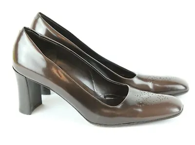 Vintage 90s Via Spiga Brown Leather Square Toe Chunky Heel Pumps Heels 8 1/2 N  • $16.80