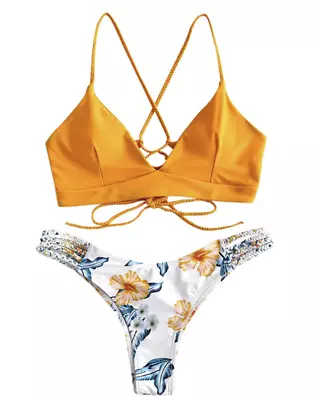 Zaful Braided Strappy Criss Cross Bikini Yellow Orange Floral Size 8 New • $14.99