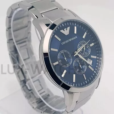 EMPORIO ARMANI AR2448 Navy Blue Dial Chronograph Silver Bracelet Men's Watch • $160