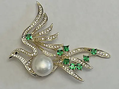 Dove Bird Parrot Crystal Clear Glass Rhinestone Brooch Pin Vintage Green Gold • $18.99