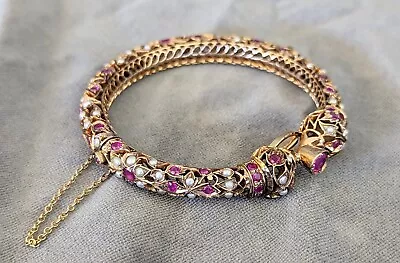 Mughal India Era Style 10k Gold Ruby & Seed Pearl Hinged Bangle Bracelet Vintage • $1955