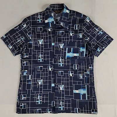 Vintage Mens Disco Shirt Medium Blue Button Up Dagger Collar 70s Retro Abstract  • $39.88