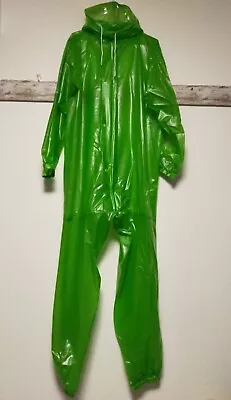 Thick PVC Shiny Vinyl Coveralls Rainsuits Hooded Zip And Snap Green Glossy • $50