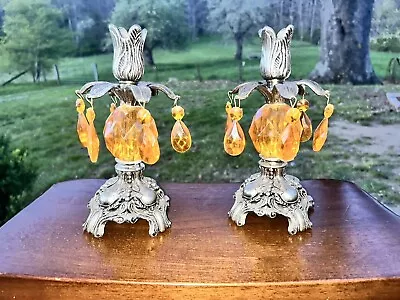 2 VTG Hollywood Regency Brass Metal Orange Lucite Candlesticks Candle Holders • $10