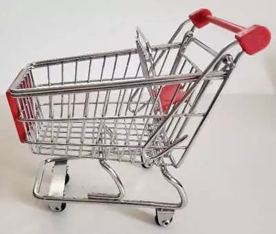 Miniature Replica Silver  Red Metal Shopping Cart Rolls On Wheels Door Ding • $22.95