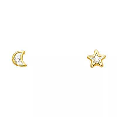 Ioka - 14K Yellow Gold CZ Moon And Star Stud Screw Back Earrings • $59