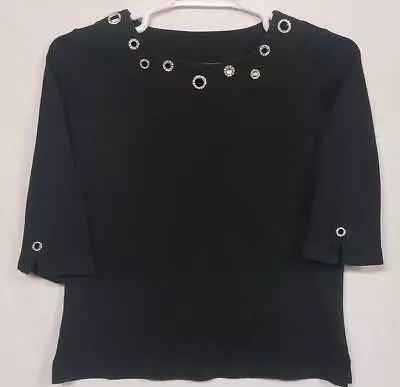 Quacker Factory Black T-Shirt * Rhinestone Grommets * Sz Med • $9.99