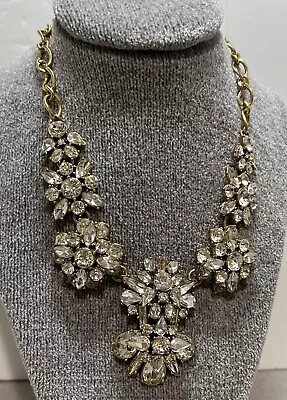 Stunning J. Crew Clear Rhinestone Gold Tone Floral Statement Necklace • $14.50