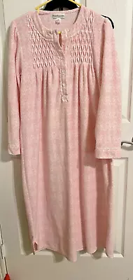 Miss Elaine Size S Long Sleeve Button Front Pink Smocked Fleece Nightgown Modest • $19.98