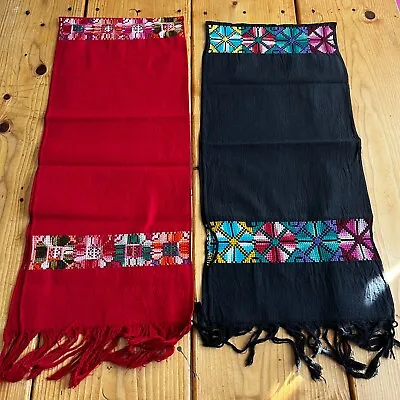 Lot Of 2 Maya Mexican Chiapas Rectangle Embroidered Table Runner Scarf 11x50 In • $18