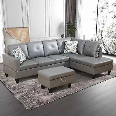 Dark Grey L-Shaped Sectional Sofa Set PU Leather Couch Modern Living Room Right • $681.43