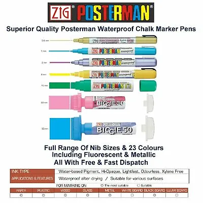 ZIG Posterman Chalk Marker Pens Waterproof Black Whiteboard Glass Metal Plastic • £2.19