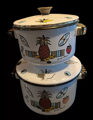 VTG MCM 1&3 QT Pots 4 Pc Georges Briard Ambrosia Enamelware Pans Pineapple Lids • $35