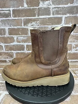 UGG Slim Britt Brown Leather Shearling Lined Winter Boots Women’s Size 8.5 • $28.95