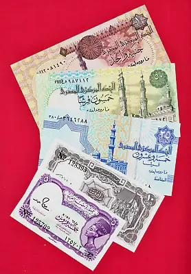 Set Of Five Egypt UNC Notes: 5/1982 10/19860 25 50 Piastres & One Pound 2007 • $4.65