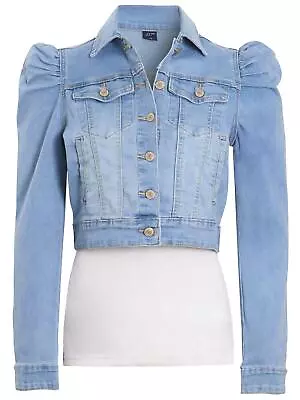 Womens Denim Jacket Jeans Stretch Puff Sleeve Indigo Blue Size 10 12 14 16 8 • £26.95