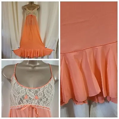 RARE VTG 36 38 M Nightgown LUCIE ANN Peignoir Sunrise Orange Gown Lace Nylon  • $119.99