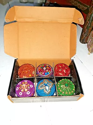 Set Of Six Handmade Indian Ornate Round Shaped Trinket/jewellery Boxes - Multi • £7.95