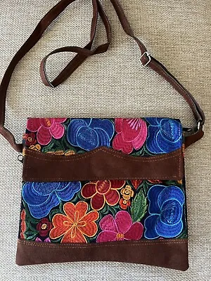 Mexican Embroidered Floral Bag Crossbody Purse Flower Embroidery Oaxaca Suede • $22