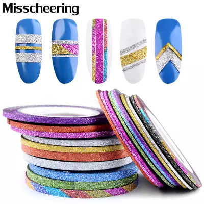 10Roll Glitter Nail Art Strip Tape Line Sticker Tips Decor 1/2/3MM DIY 3D Decals • $14.47