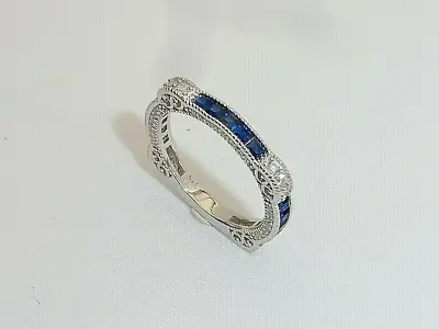 1/5Ct Blue & White CZ Vintage Style Wedding Band Ring In 935 Argentium Silver • $94