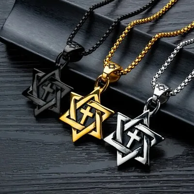 Mens Silver Gold Black Jewish Star Of David Pendant Punk Necklace Box Chain 24  • $11.99