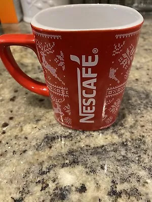 Vintage Nescafe Red Christmas Coffee Mug Ceramic 8oz Snowflakes & Reindeer • $12.99