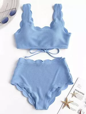 ZAFUL Women's High Waisted Wide Strap Lace-up Bikini Swimsuit BABY BLUE SIZE 8 • $13.99