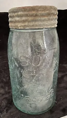 MASON'S IMPROVED Quart Jar - - Aqua #16 -- Hero Cross Glass Lid & Zinc Band • $14.95