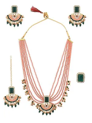 Indian Bollywood Wedding Ethnic Kundan Pearl Peach Bridal Long Necklace Set • $23.99