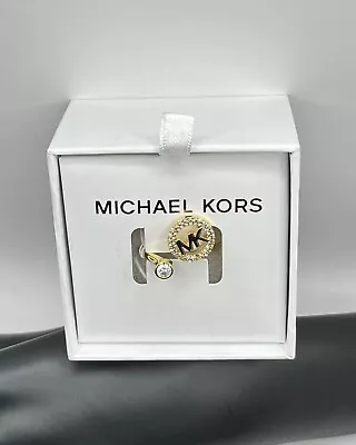 MICHAEL KORS Gold Tone MK Logo & Crystal Adjustable Size 8 Open Ring NEW • $59.99