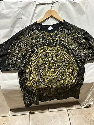 Vintage Mayan Calendar All Over Graphic T Shirt Yellow/Black Size XL M37 • $53.58