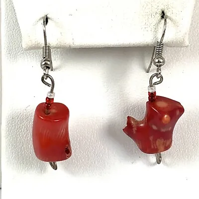 Vintage Red Branch Coral Nugget Beaded French Wire Pierced Earrings • $19.99