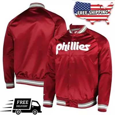 Philadelphia Phillies Raglan Full-Snap Satin Maroon Varsity Jacket For Men Women • $97.99