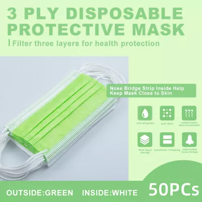 50 Pcs【Green】Face Mask Disposable Non Medical Surgical 3-Ply Earloop Mouth Cover • $5.99