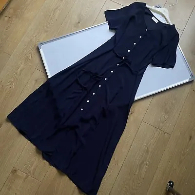 Size 12 14 Navy Midi Tea Shirt Dress BHS Short Sleeve Blue Vintage Belted Button • £32.49
