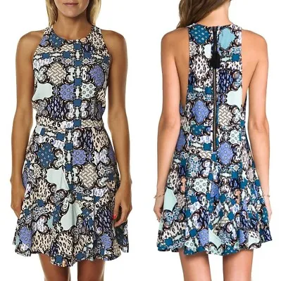 TIGERLILY Baroque Mini Dress Women's Size Au6 Seveless Blue Beige Geometric • $24.95