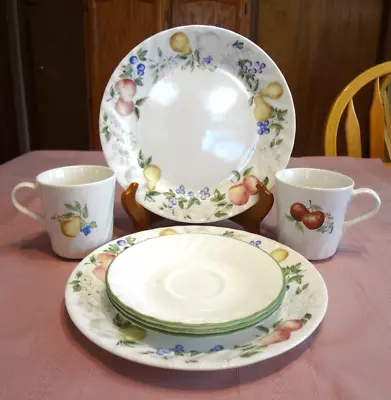 7 VTG Corelle CHUTNEY 2 Luncheon Plates 2 Mugs Cups 3 Saucers APPLES PEARS Fruit • $18.95