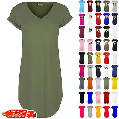 Womens TurnUp Sleeve Oversize V Neck Baggy Plain Curved Hem Ladies T-Shirt Dress • £5.49