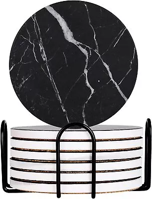 Drink Coasters With Holder Absorbent Ceramic Coasters Set Of 6 Black Marble Styl • $17.52