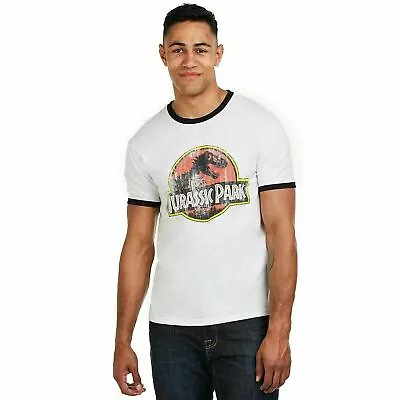 Jurassic Park Mens T-shirt Distressed Logo Ringer White S-XXL Official • £13.99