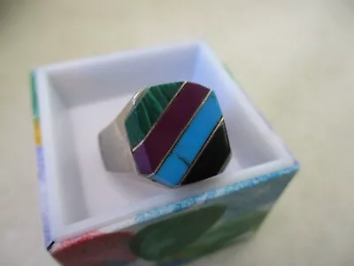 Vint Mens Heavy Solid Back Sterling Turq/onyx/Malachite Ring S9.75 BIN $65 • $65